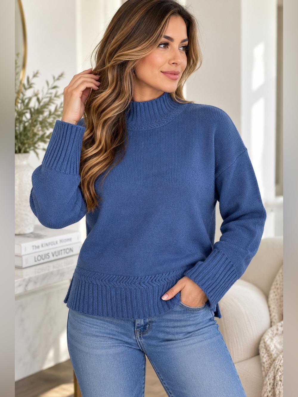 NWT Tahari Sweater Women's Size XS Classic Blue Shade Mock Neck Knit Casual Top